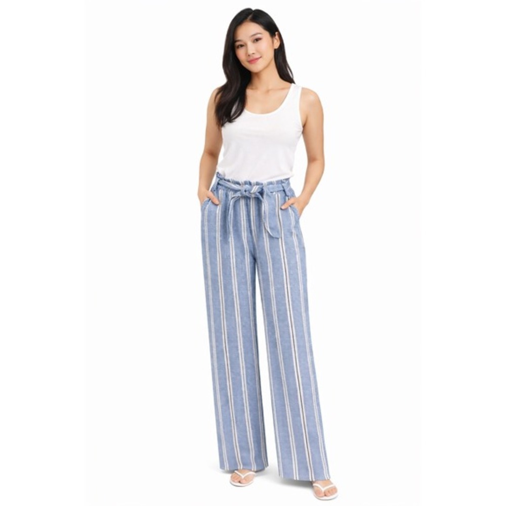 H&M Blue White Striped Wide Leg Paperbag Waist Pants Relaxed Fit 12 Chic 87-11